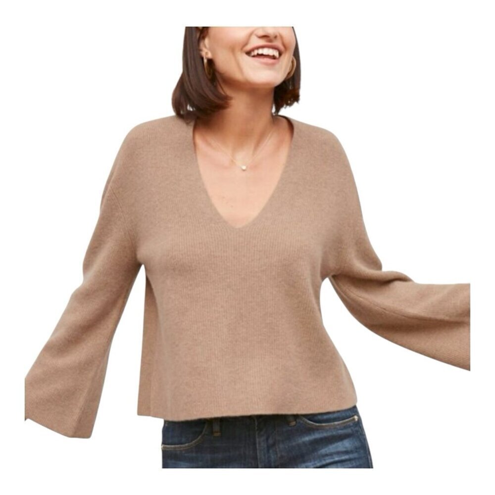M.M. LaFleur Sophie 100% Cashmere Sweater XL Deep Flax Knit V-Neck Bell Sleeve - Picture 1 of 10